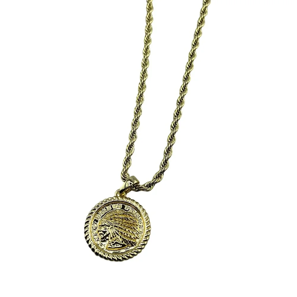 GLD 4MM Rope Chain Necklace 20‎ Inch Gold Tone w/ Chief Coin Pendant Mens
